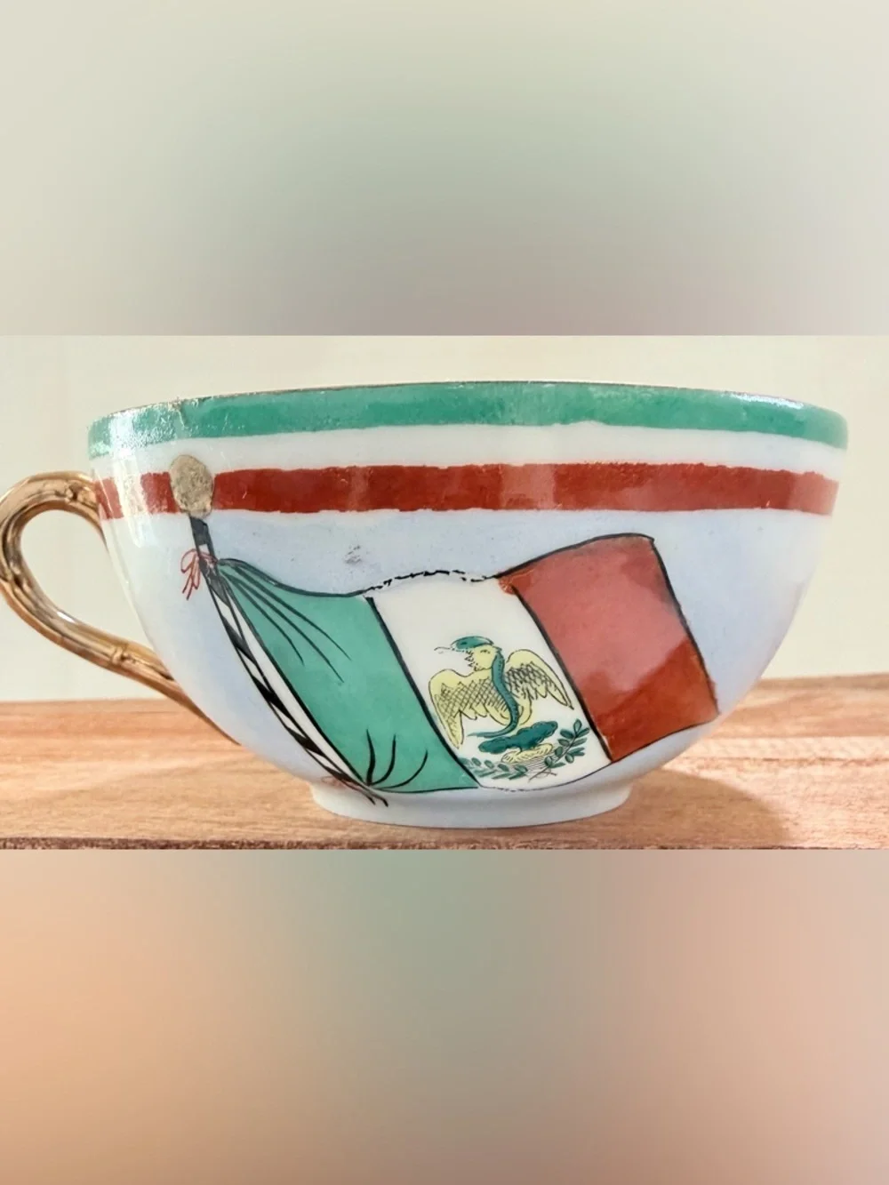 Vintage Porcelain Tea Cup Mexican Flag Design  Rare Historical Souvenir